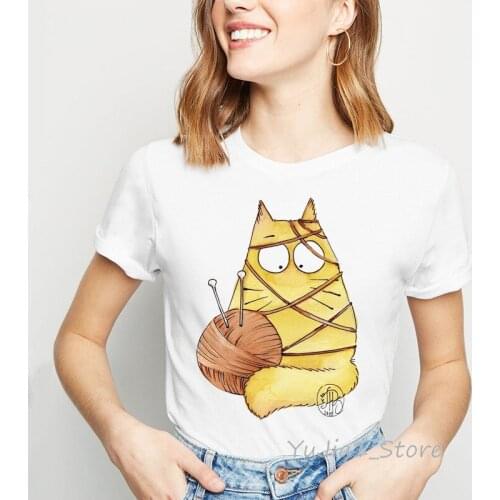 Cat playing with a ball of yarn funny t shirts women harajuku kawaii cartoon print tops female t-shirt ropa mujer 2019 t shirt