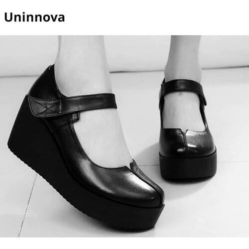 Wedges Mary Janes Womens Genuine Leather Platform Special Shallow Cut Upper Lady Office Shoes Zapatos De Mujer Uninnova WP050-1
