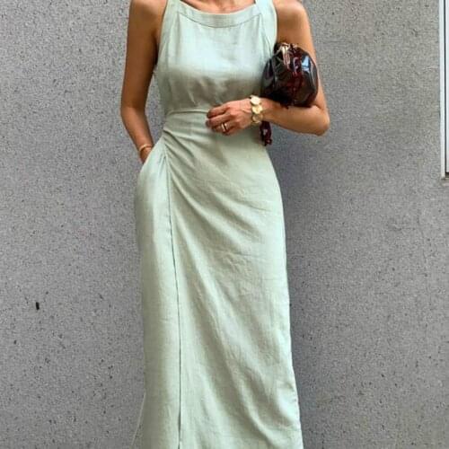 Women Summer Cotton Linen Sexy Bodycon Bandage Long Wrap Dress Tank Sleeveless High Waist Midi Sundress