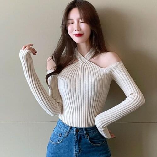 Women One-neck Off-shoulder Cross Halter Knitted Jumpers Autumn Woman Sweaters Long Sleeve Pullovers