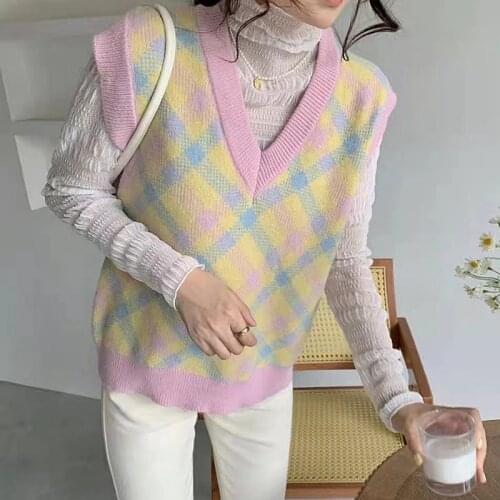 Streetwear Argyle Sweater Vest Women Autumn Winter Korean Knitted Vest for Women V Neck Sleeveless Jacket gilet femme