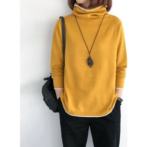 Turtleneck Knitted Cotton Women Sweater Pullovers Solid Long-Sleeved Casual All Match Female Pulls Tops