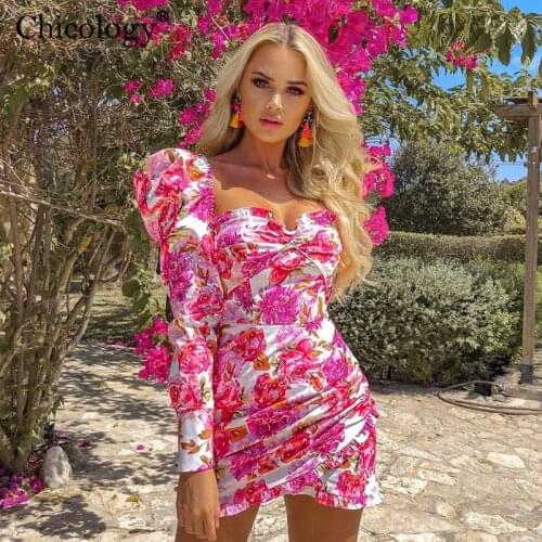 Chicology floral long sleeve mini dress women bodycon casual clothes 2019 autumn winter female sexy party elegant lady