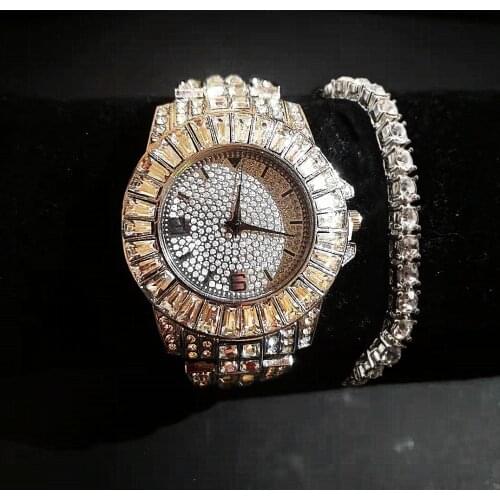 2pcs/set Iced Out Watch Tennis Bracelet for Men Women Luxury Pretty Fashion Bling Gold Ladies Women Watches Relojes Para Mujer