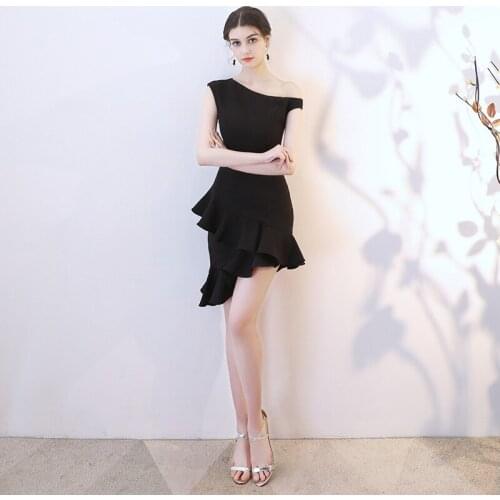 2020 New Black Evening Dress Dress Fishtail Skirt One-Shoulder Short Slim Evening Dresses Formal Dress Mermaid Dress Satin Dress