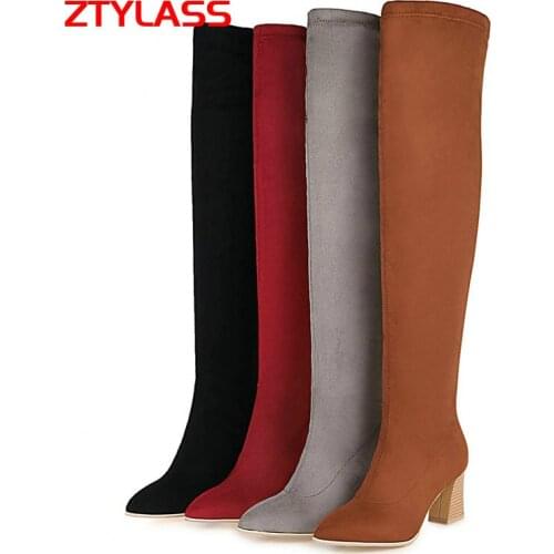 2021 New Autumn Winter Women Boots Sexy Over The Knee Boots Faux Suede Zipper Thick High Heel Stretch Boots Ladies Pointed Toe