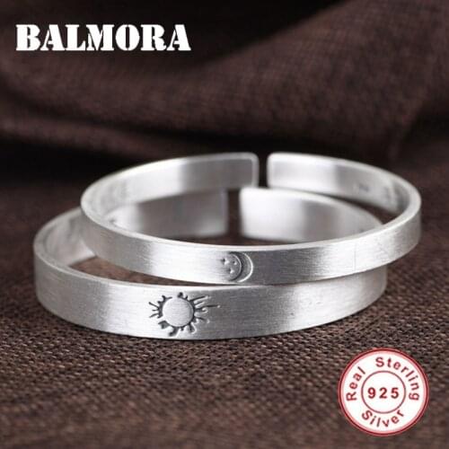 BALMORA 1 Piece 100% 999 Real Silver Open Bangles For Women Men Couple Bracelet Sun & Moon Bangles Thai Silver Jewelry Gifts
