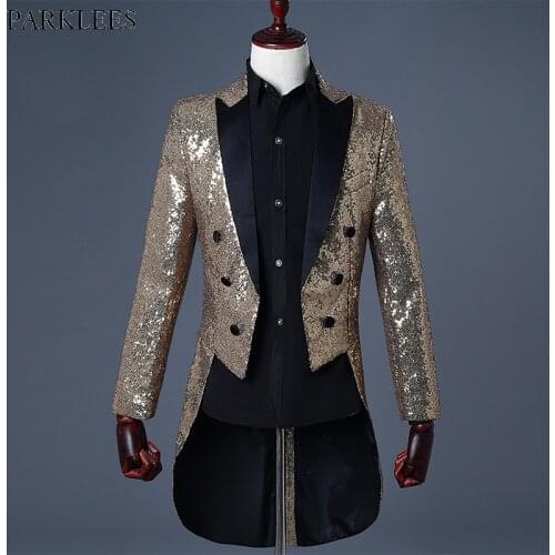 Shiny Gold Sequin Glitter Embellished Tuxedo Suits Men 2018 Brand New Nightclub DJ Blazer Jacket Men Stage Clothes for Singers