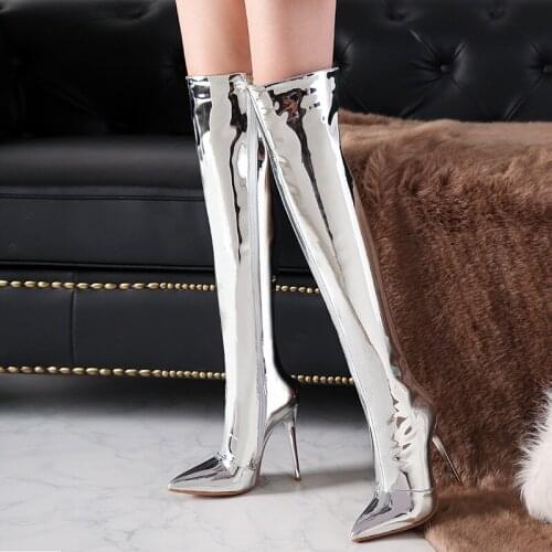 Patent Leather Over The Knee Boots Sexy Women Pointed Toe Thigh High Boots Winter Warm Woman Thin Heel High Heel Shoes WB-1403