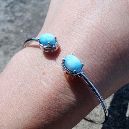 Ins Simple S925 Women Jewelry Natural Dominica Larimar Bangle Bracelet 925 Sterling Silver Bangle For Gift