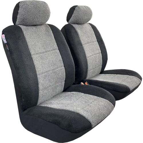 Black Grey Sheepskin Seat Covers for Cars Trucks SUVs, Faux Fur Lambswool Soft Winter Warm Auto Protectors, Universal Size