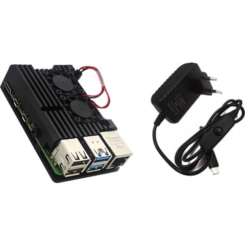 Raspberry Pi 4 4B Case + Raspberry Pi 4 Power Adapter CNC Aluminum Cover Heatsink Cooling Fan for Raspberry Pi 4 Model B