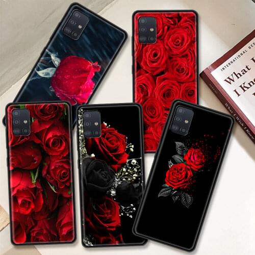 Case For Samsung Galaxy A51 A71 A02s A21s A31 A41 A11 A01 M30s M31 M51 Black Silicone funda Phone Cover Bright Red Rose Flowers