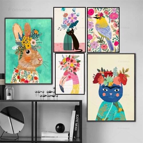 Nordic Nursery Decoration Poster Cute Animals with Flowers Canvas Painting Cartoom Art Wall Pictures for Childrens Room