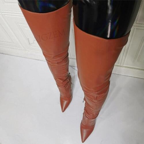 DOBANER Women Thigh High Boots Stiletto High Heels Brown Over Knee Shoes Woman Boots Black 2021 Party Club Plus Size 38 43 44 47