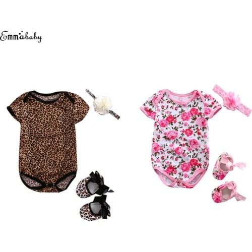 0-12M Newborn Infant Baby Girls Short Sleeve O-Neck Covered Button Print Romper Shoes Princess Headband 3PCS Outfit Summer Party