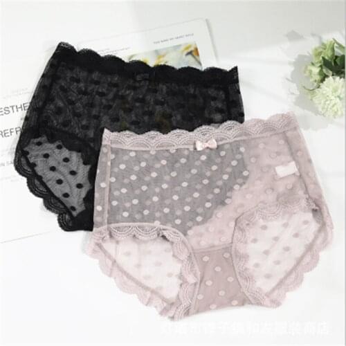 Summer large size thin section high waist mesh transparent ultra-thin quick-drying breathable sweet lace-edged ladies briefs 4PC