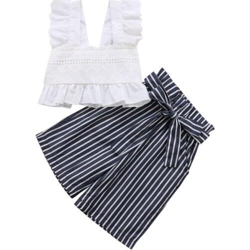 Summer 2PCS Kids Toddler Girl Clothes Set Lace Crop Tops+Striped Long Pants Outfits Fashion Girl Clothing Sunsuit