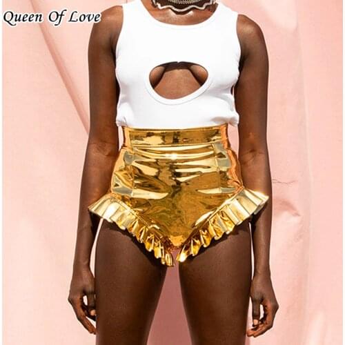 2021 Summer Fashion Elegant Streetwear Y2K PU Shorts Women Sexy Club Party Outwear V-Shape Briefs High Waist Ruffle Short Pant