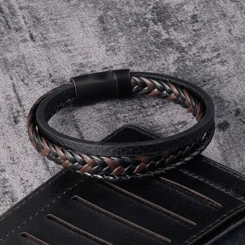 Multi Layer Leather Charm Bracelet Men Stainless Steel Maginetic Clasp Bangle Punk Fashion Casual Braided Wristband Male Jewelry