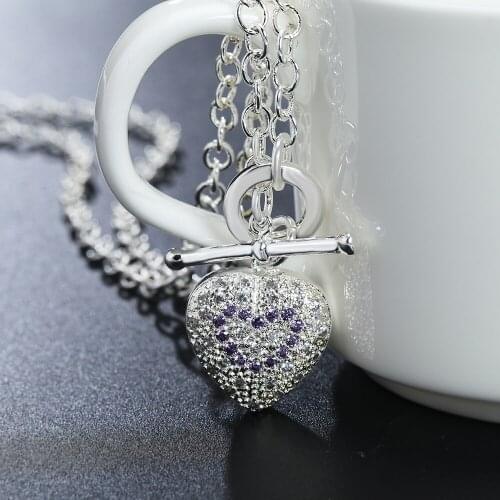 Fashion brand 925 Sterling Silver Necklace For Women Jewelry Charm purple Crystal Heart Pendant Christmas gifts Wedding