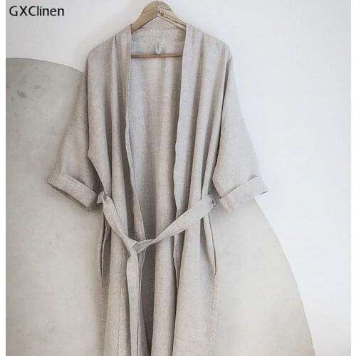 Men Women Sleepwear Robes 100% Linen Pajamas.Breathable Shower Spa Linen Robe Night Bathrobes Sleep Nightgown Robe Dressing Gown
