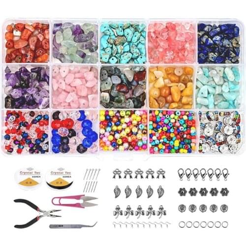 1 Set Natural Irregular Gemstones Beads Kit with Jump Rings Ear Hooks Pliers Lobster Clasps for DIY Jewelry Making Accessories