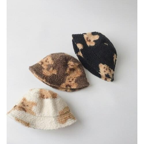 Autumn Winter boys and girls cartoon bear cute warm bucket hat unisex berber fleececasual Fisherman cap