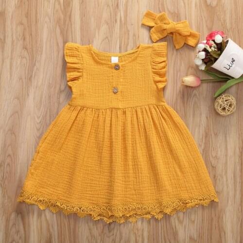 1-4Y Summer Cute Baby Girls Dress 4 Colors Ruffles Sleeve Solid Bowknot Knee Length A-Line Dress Headband