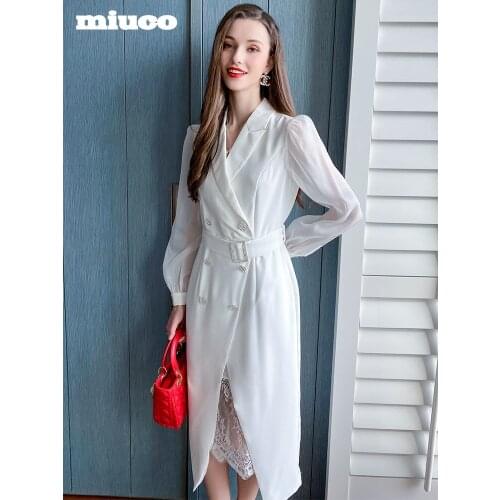 OverlappingVCollar double breasted mesh sleeve split lace hem dress womens new early autumn High Quality Top Quality