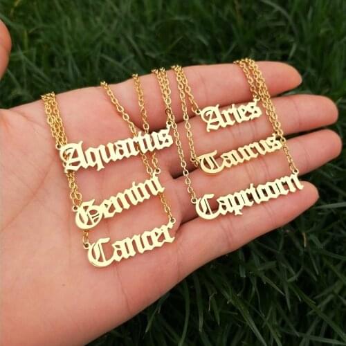 Gothic Jewelry 12 Zodiac Letter Necklace Women Men Birthday Gift Old English Constellation Choker Necklaces Taurus Gemini Pisces