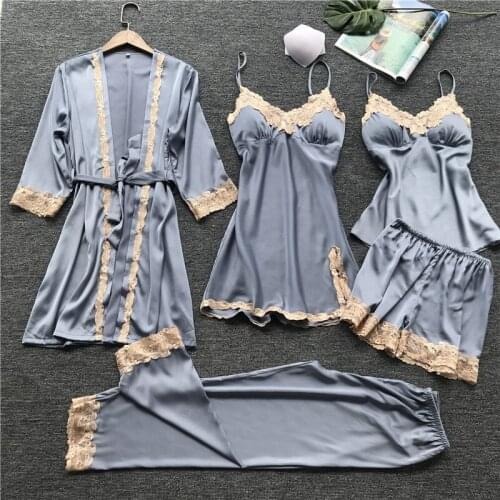 Sexy Women Sleepwear Pajamas 5pcs Sleep Lounge Set Faux Silk Lace Pyjamas Femme Robe Gown Nightwear Pijama Mujer Home Clothing