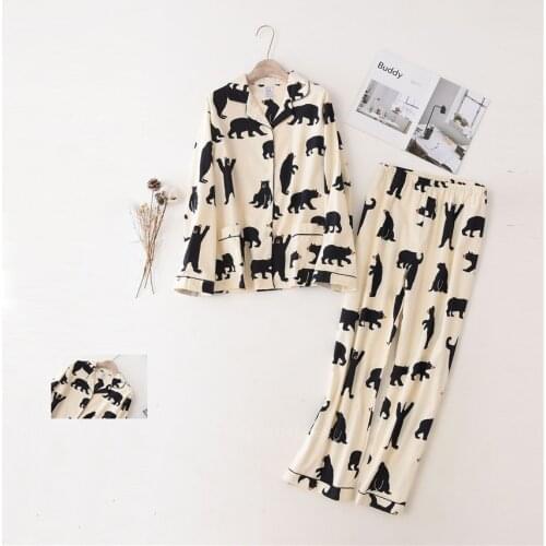 2021 Cartoon Printing Pajamas Sets for Women 100%Cotton Long sleeve Home Nightclothes Sleep Wear Pijama Clothing Pant Kit