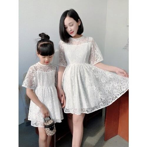 Summer Mommy And Me Dress Lace Mother Daughter Dresses Hollow Short Sleeve Mom And Girls Dress Princess Family Matching Clothes