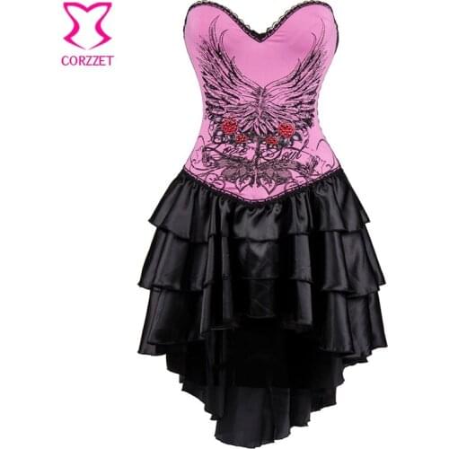 Pink Floral Printed Gothic Corselete Feminino Espartilhos E Corpetes Corsets Bustiers Overbust Corset Dress Steampunk Clothing
