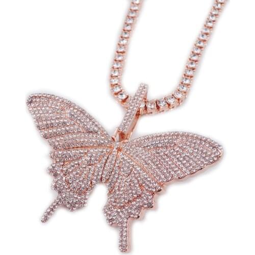 Unisex jewelry hip hop necklace 1 row tennis chain mens womens butterfly pendant rose gold crystal rapper singer gift iced out
