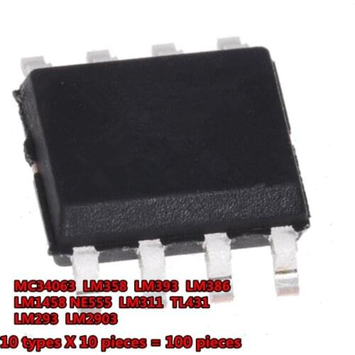 In common use SMD IC Kit MC34063 LM358 LM393 LM386 LM1458 NE555 LM311 TL431 LM293 LM2903 each 10PCS * 10vaLus=100pcs
