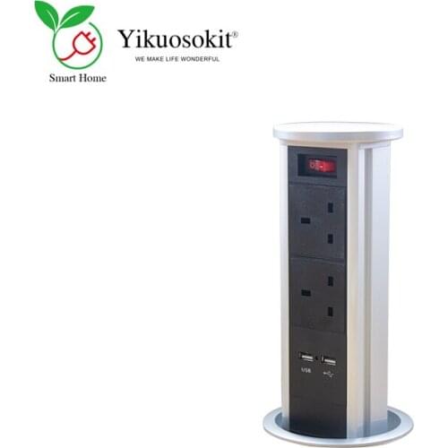 Hot! UK Socket 2 USB Ports Black Pneumatics Drive Tabletop Hidden Power Sockets Electrical Retractable Desktop Outlets CE Rohss