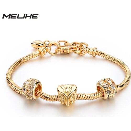 MELIHE 2019 Fashion Owl Charm Bracelets For Women Luxury Gold Color Crystal Bracelets & Bangles DIY Jewelry Pulseras SBR160013