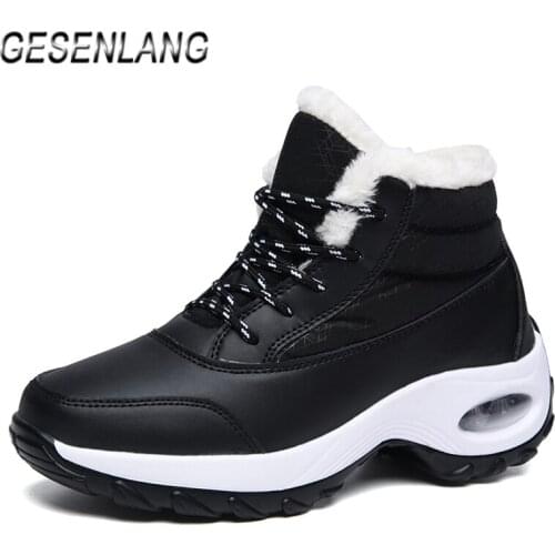 Womens Air Cushion Sneakers Plus Fur High Top Winter Snow Boots Water-resistant Shockproof Casual Outdoor Ladies Walking Shoes
