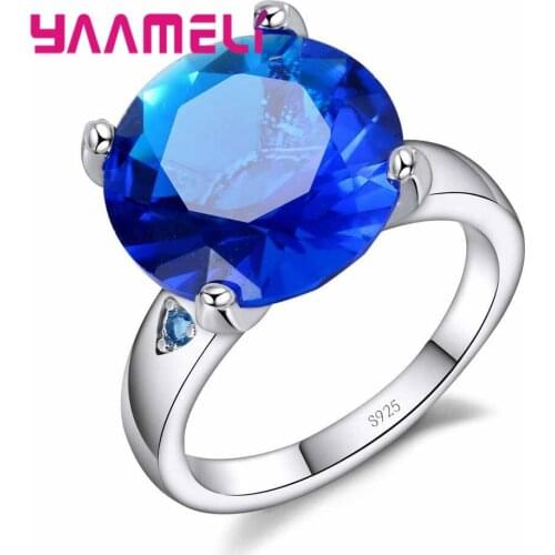 Round Cut AAA Blue-color CZ Simple 925 Sterling Silver Wedding Rings Hot Rings For Women Party Engagement Female