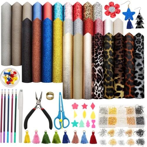 28 Pieces Faux Leather Sheets with Earring Cut Molds,Earring Hooks,Jump Rings,Push Pins,and Tools for Leather Earring Making
