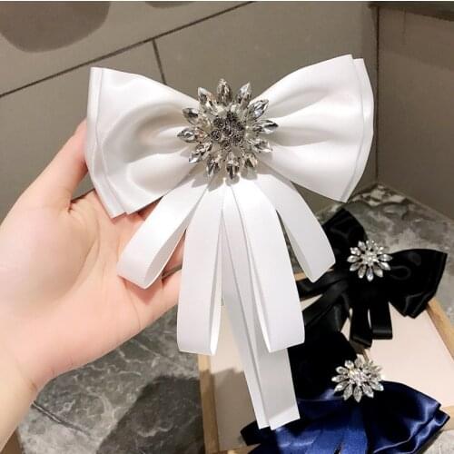 New Exaggerated Big Bow Tie Crystal Satin Collars Flower Long Ribbon Pins Fashion Womens Jewelry Gift