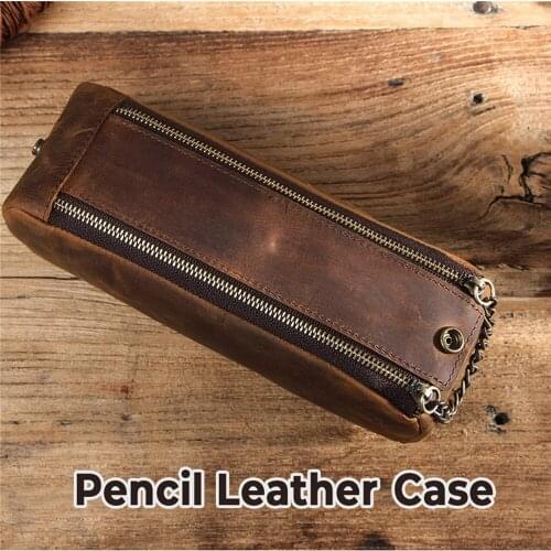 Handmade Leather Pencil Storage Case Pouch Double Zipper Large Capacity Retro Carrying Bag Protective Dustproof Housing Shell