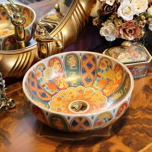 Jingdezhen Arts round antique Europe Vintage Style Ceramic wash basin Countertop Bathroom Sink