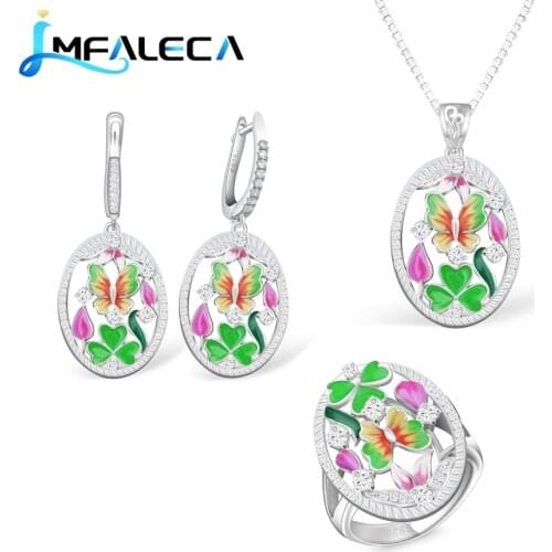 LMFALECA 925 Sterling Silver Jewelry Sets Bright Flowers Butterfly Enamel Decoration Luxury Party Fine Jewelry for Women