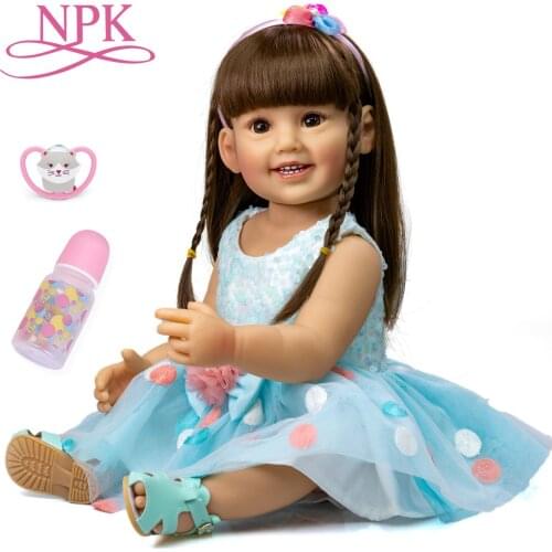 NPK 55CM fashion reborn girl full body silicone gift doll blue skirt lifelike real soft touch wig hair