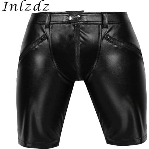 Mens Sexy Shorts Leather Full Zipper Front Button Snap Closure Middle Pants for Sports Workout Running Fitness