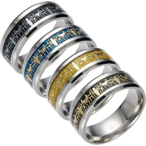 8mm punk inlaid spider pattern stainless steel mens ring wedding ring animal ring Spider Logo Symbol