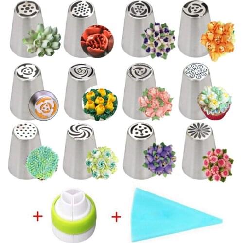 Russian Pastry 14Pcs/Set Nozzles Tulip Icing Piping Cream Nozzles Tips 1Pcs Coupler Decorating Tips Set Cake Cupcake Decorator